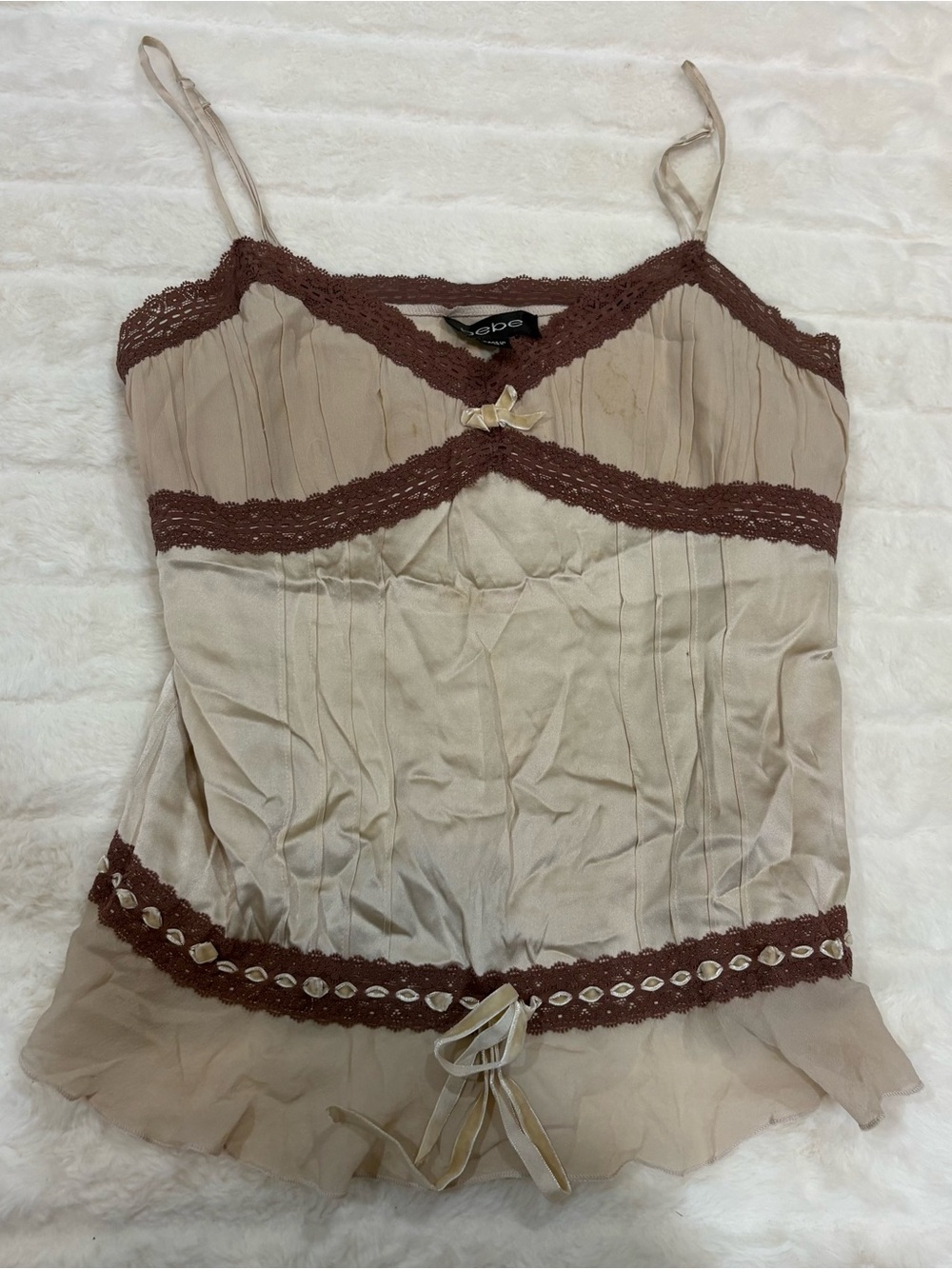 bebe Cream Camisole with Brown Lace Trim and Bow Accents